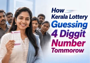 How Kerala Lottery Guessing 4 Diggit Number Tommorow guide featuring a smiling Indian woman holding a ticket.