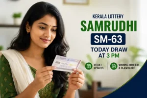 Indian woman holding and reviewing a Kerala Lottery Samrudhi SM-63 ticket beside an informational graphic showing today's draw schedule at 3 PM, result updates, winning numbers, and claim guide in a clean editorial layout.
