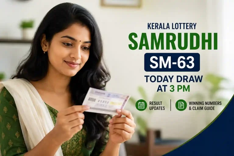 Indian woman holding and reviewing a Kerala Lottery Samrudhi SM-63 ticket beside an informational graphic showing today's draw schedule at 3 PM, result updates, winning numbers, and claim guide in a clean editorial layout.