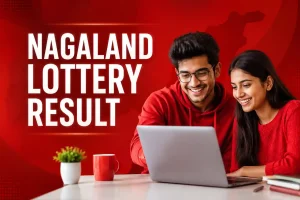 Professional featured image with a red editorial design showing a young Indian man and woman using a laptop, alongside the title 'Nagaland Lottery Result,' representing an informational blog about checking lottery results without gambling-related visuals.