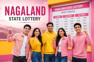 Five young Indian adults standing in front of a Nagaland State Lottery results board with a modern pink and yellow background, representing an informational guide about Nagaland State Lottery results and ticket checking.