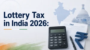 Lottery Tax in India 2026 graphic with a calculator, tax form and rupee symbol over a map of India