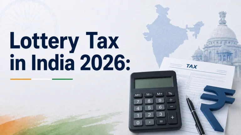 Lottery Tax in India 2026 graphic with a calculator, tax form and rupee symbol over a map of India
